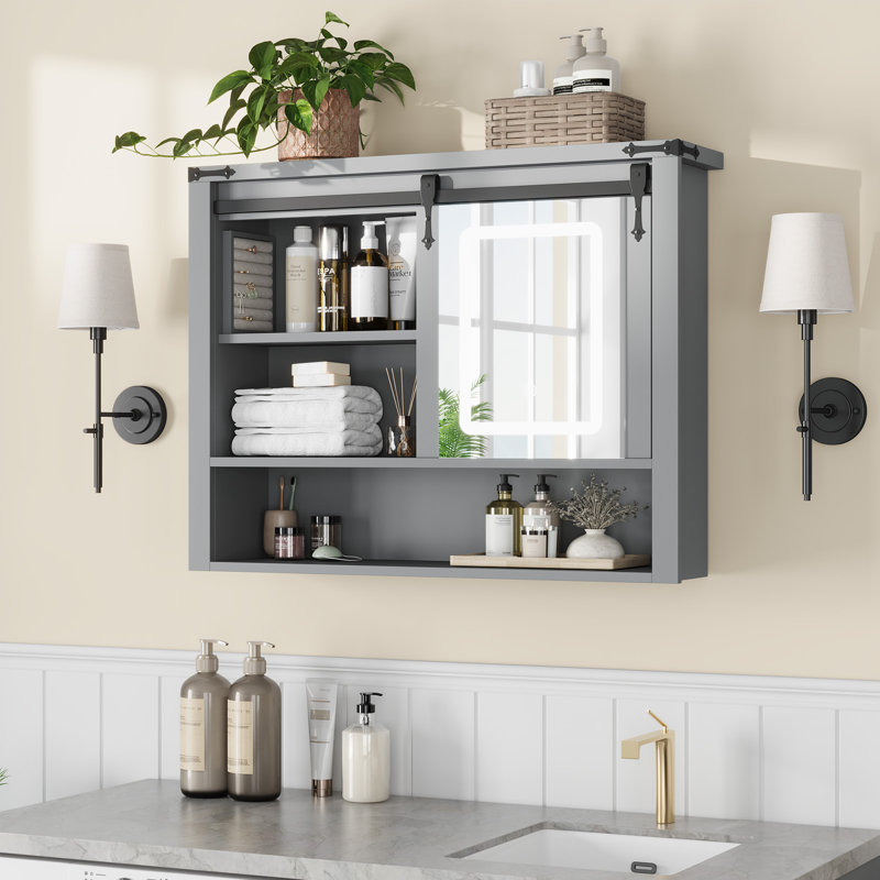 Bathroom Wall Cabinet, Sliding Barn Door Storage Cabinet, Gray