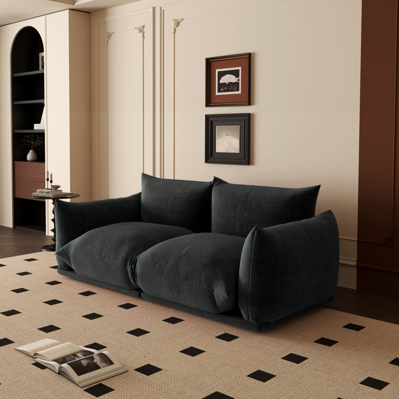 Minarik 2-Seat Chenille Fabric Upholstered Round Arm Sectional Loveseat, Black Chenille