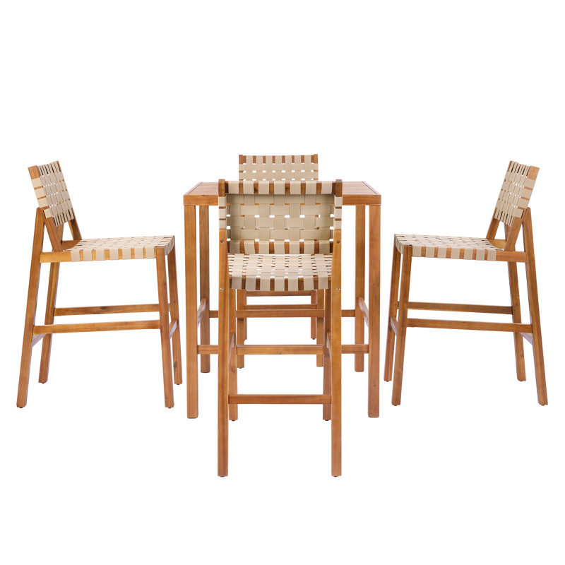 Ensemble repas 5 pièces à hauteur de bar en bois d'acacia avec corde tissée Malibu, Corde beige / teck