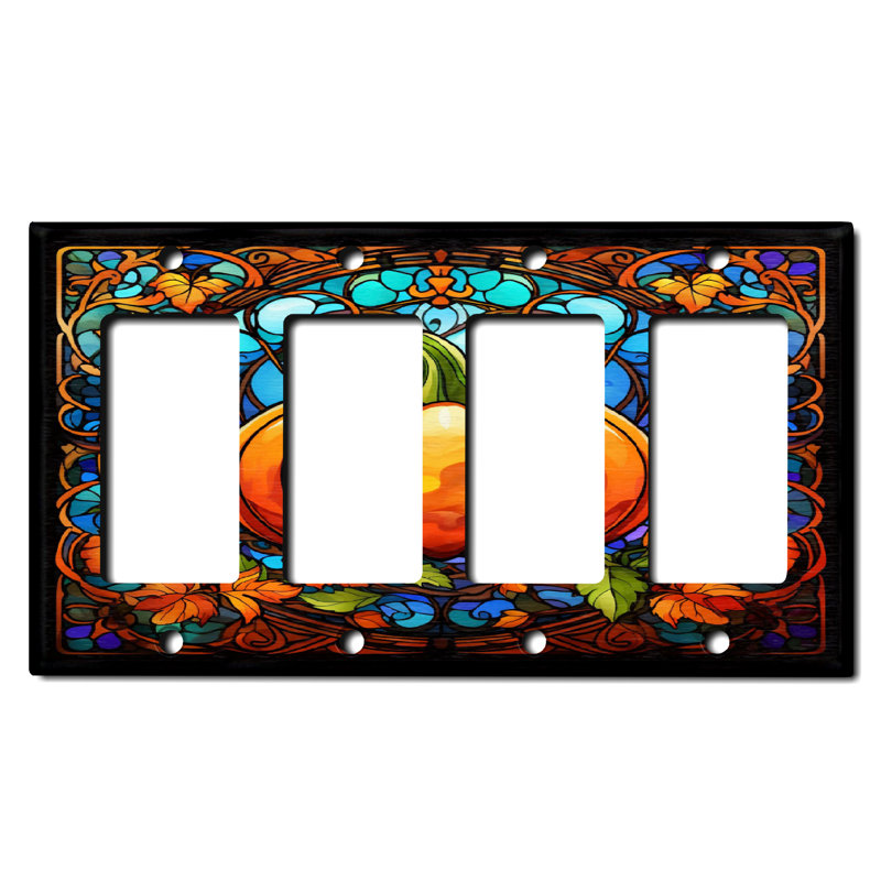 Metal Light Switch Plate Outlet Cover (Halloween Festive Pumpkin - Quadruple Rocker)