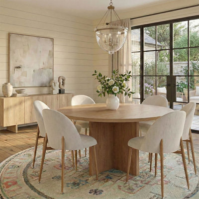 7-Piece Farmhouse Dining Set for 6 with 52" Round Oak Dining Table and 6 Curved Back Upholstered Dining Chairs with Metal Legs