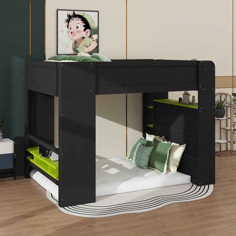 Lit superposé double en bois avec bureau, garde-robe, grand espace de rangement et lumière RVB, Vert