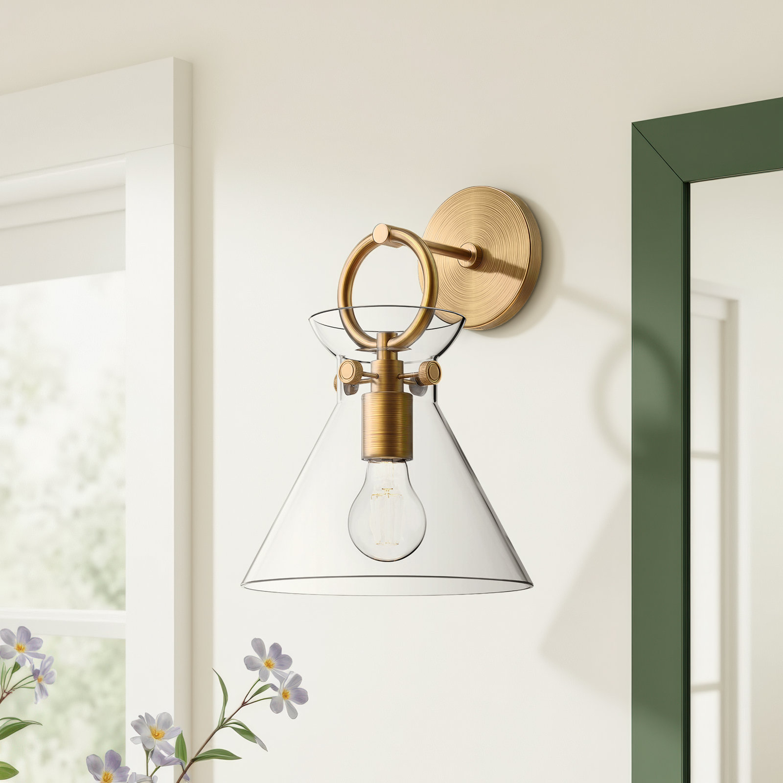 Tiney Single Light Dimmable Armed Sconce, Aged Gold, Clear