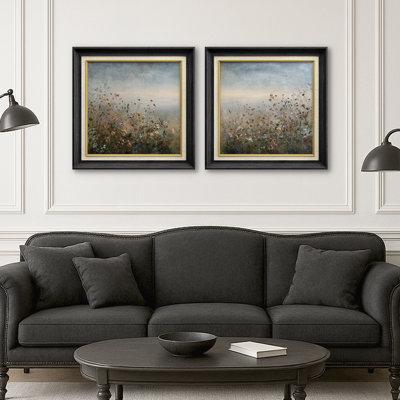 Soft Horizon Wildflower Field Landscape Floral Wall Decor Framed Master Bedroom Wall Art Work 2 Pieces Print