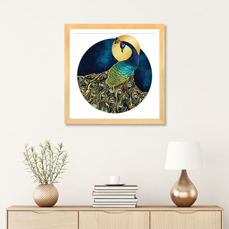 Golden Peacock - impression d'art graphique, Papier avec cadre beige, H 24 po x l 24 po x p 1 po, Blanc