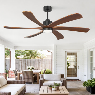 60" Solid Wood Ceiling Fan with LED Light and Remote, 6-Blade Design, 3CCT, 6-Speed Reversible DC Motor, Red Walnut