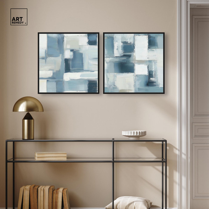 Modern Pair Abstract Art 2 Panel Set Canvas Print by , 21" H x 21" W, Black, Floater Framed Print without Mat