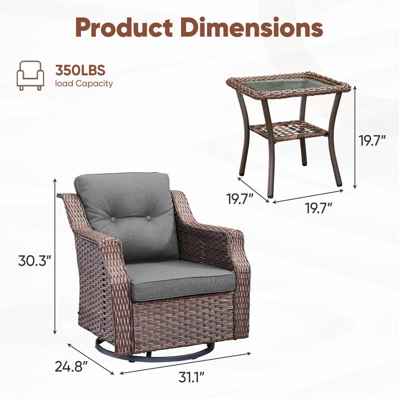 Chaises berçantes pivotantes d'extérieur en rotin 3 pièces avec table d'appoint en verre, Gris
