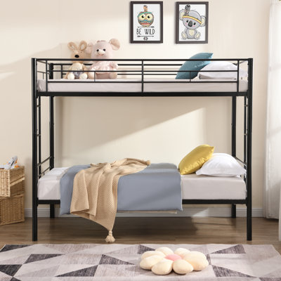 Lit superposé simple au-dessus d'un lit simple en métal noir, style moderne pour le décor de la chambre à coucher, option peu encombrante et activité d'escalier silencieuse et sécuritaire, esthétique sans sommier, caractéristique,