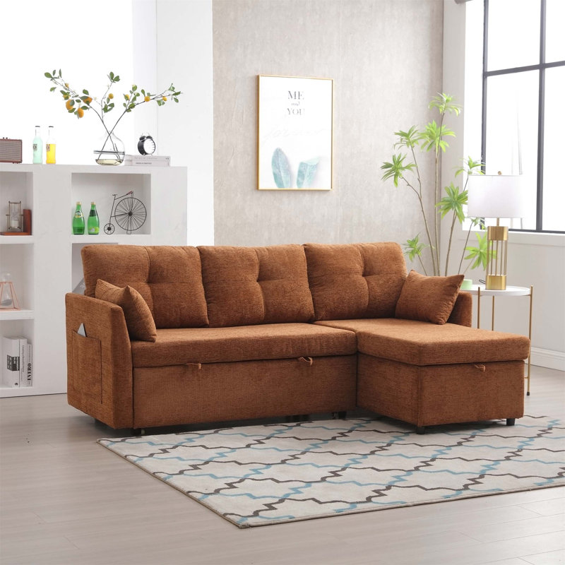 Modular L-Shaped Sofa, Modular Long Sofa with Reversible Chaise Lounge, Brown Chenille