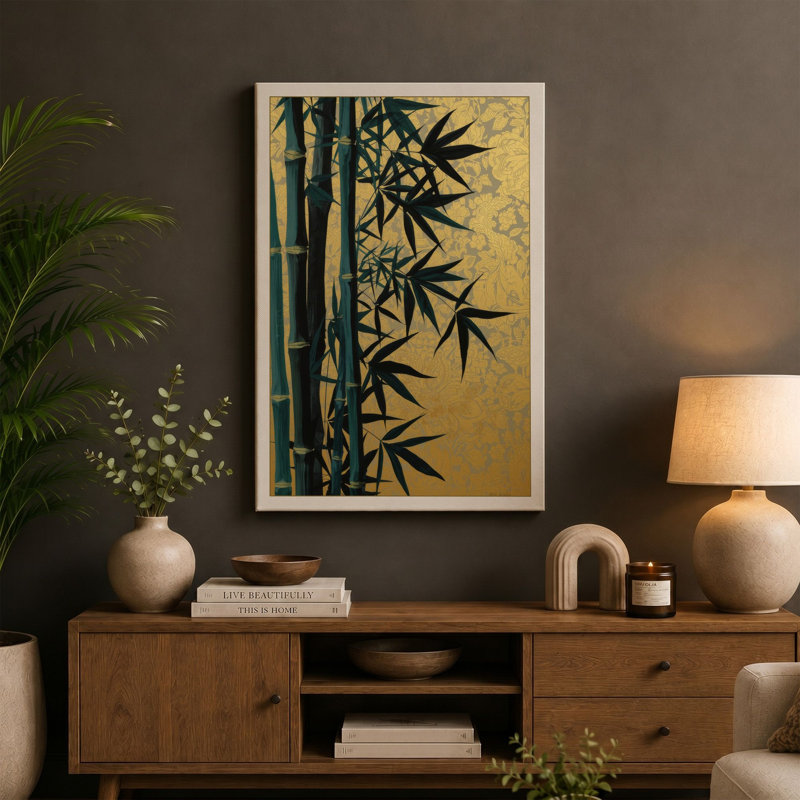 Bamboo in Gold Japandi - Wrapped Canvas, 18x12 - 45.7 x 30.5 cm, Taupe Border