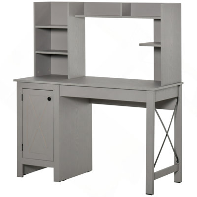 Bureau d'ordinateur de ferme avec huche et armoire, bureau à domicile avec rangement, pour bureau, gris clair