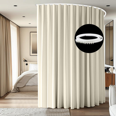 Room Divider Ceiling Mounted Curtains Track Sets Extra Wide Blackout Curtain Flexible Tracks for Bedroom Privacy Partition Separator, 1 Panel Beige Drape and White Rail, W8.3 x H7ft