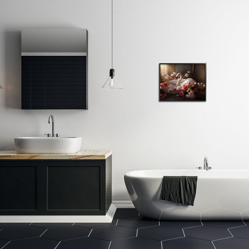 Cygne et roses de salle de bain, estampe numérique encadrée par Lazar Studio, Giclée encadrée noir minuit, H 16 po x l 20 po