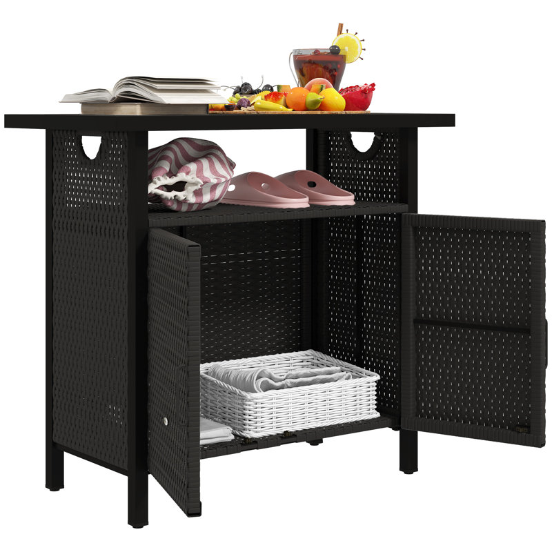 Outdoor Pool Towel Storage Cabinet Organizer, Pool Towel Holder with Shelf and Cabinet, Pool Valet with Weather-Resistant PE Rattan and Steel Frame
