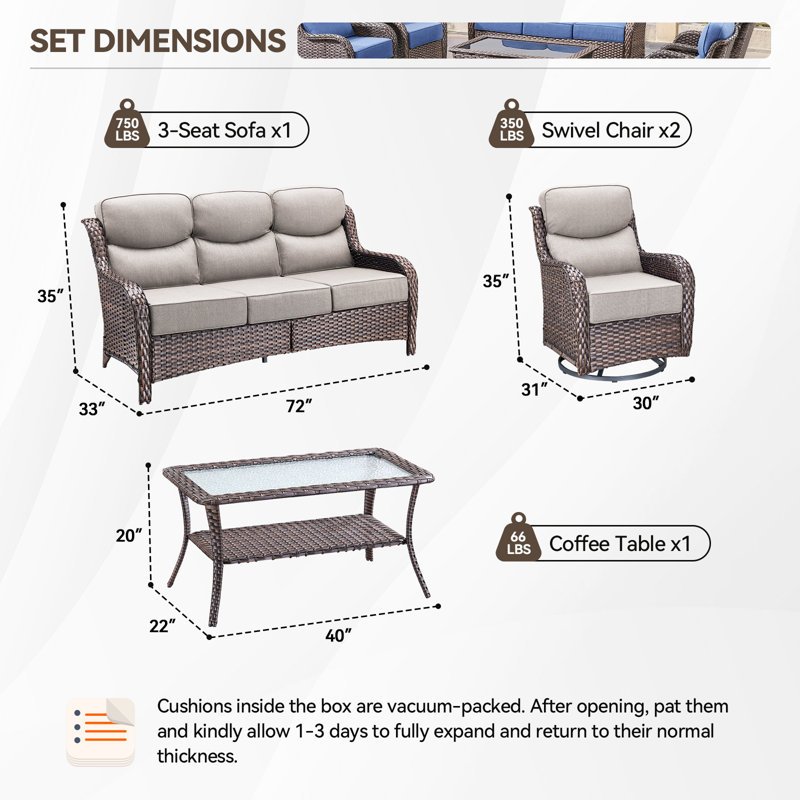 Ensemble de conversation de patio en osier pour 5 personnes avec chaises pivotantes et coussins de 6 po d'épaisseur Wickes Haven