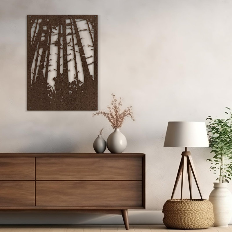 Enchanted Tree with Foliage Décoration murale abstraite moderne suspendue en métal, H 36 po x l 26,47 po x P 0,05 po, Brun