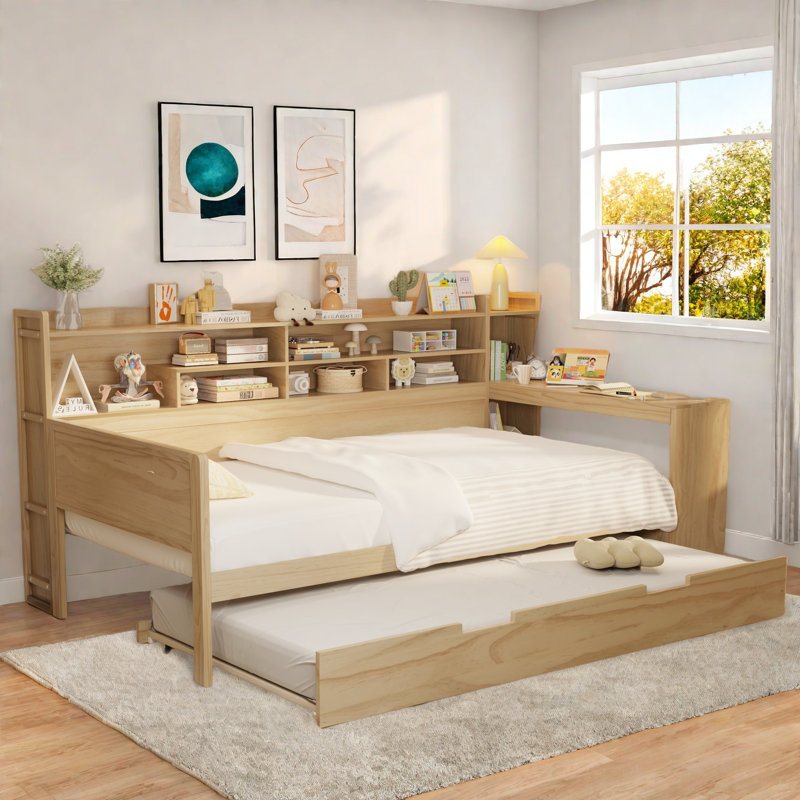 Multifunctional Wooden Daybed With Storage Shelves, Study Desk And Trundle, Natural, Twin