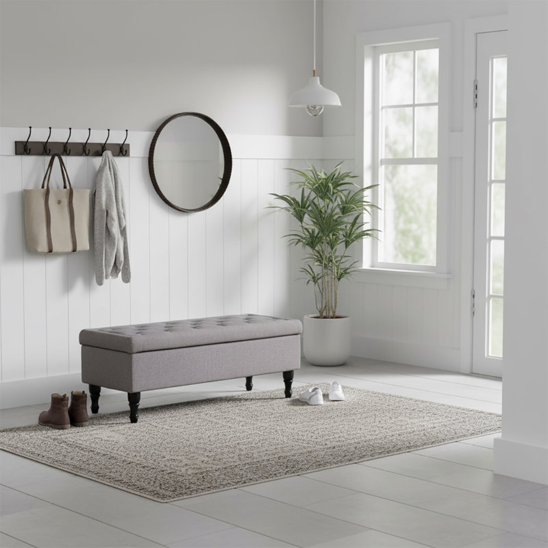 Banc de rangement rembourré en tissu élégant avec pieds en bois massif, Gris