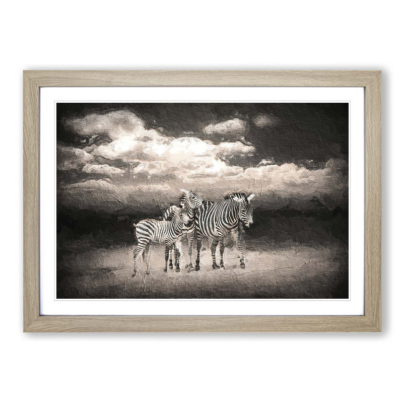 Three Zebras in the Wild - Picture Frame Painting Print on MDF, Oak Framed, 48cm H x 65cm W x 2cm D
