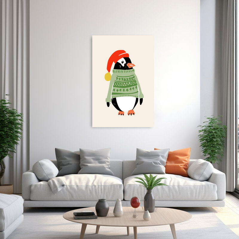 Jolly Christmas Penguin Contemporary Bird Penguin Winter Wall Art Print 1 Piece Wrapped Canvas Wall Art
