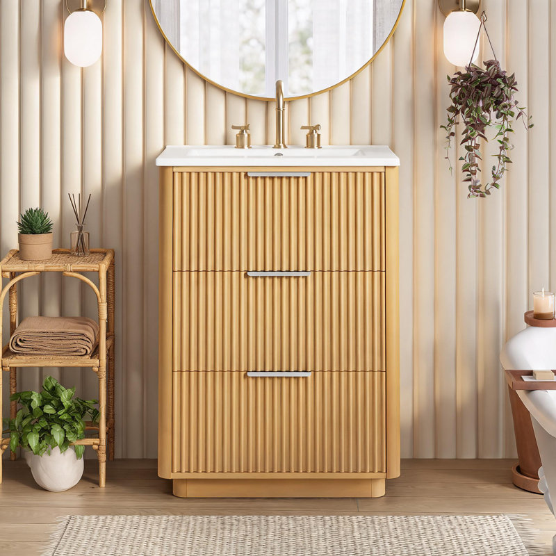 Meuble-lavabo de luxe moderne 24 po avec lavabo en céramique, meuble de salle de bain avec tablette ouverte et rangement fermé
