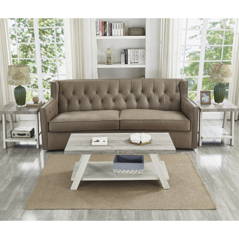 Table basse rectangulaire avec plateau en bois manufacturé et tablette, Gris / Blanc