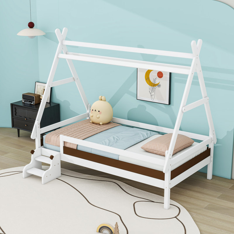 Lit plateforme en bois avec escalier, Simple, Blanc