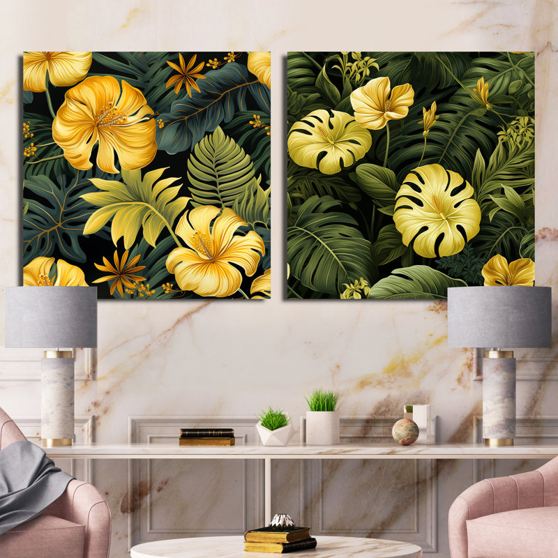 Corteney - Ensemble de 2 collages floraux carrés, H 16 po x l 33 po, Toile tendue