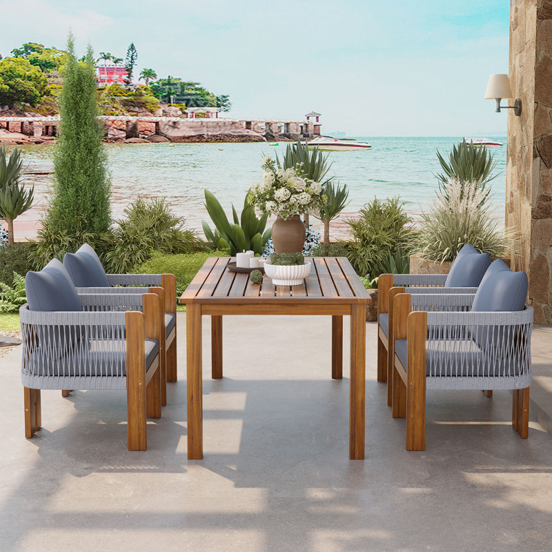 Ardessa 4-Person Modern Coastal Outdoor Patio Dining Set with Handwoven Rope Chairs, Solid Acacia Wood Table, Cushions & Adjustable Legs for Garden, Backyard, Poolside