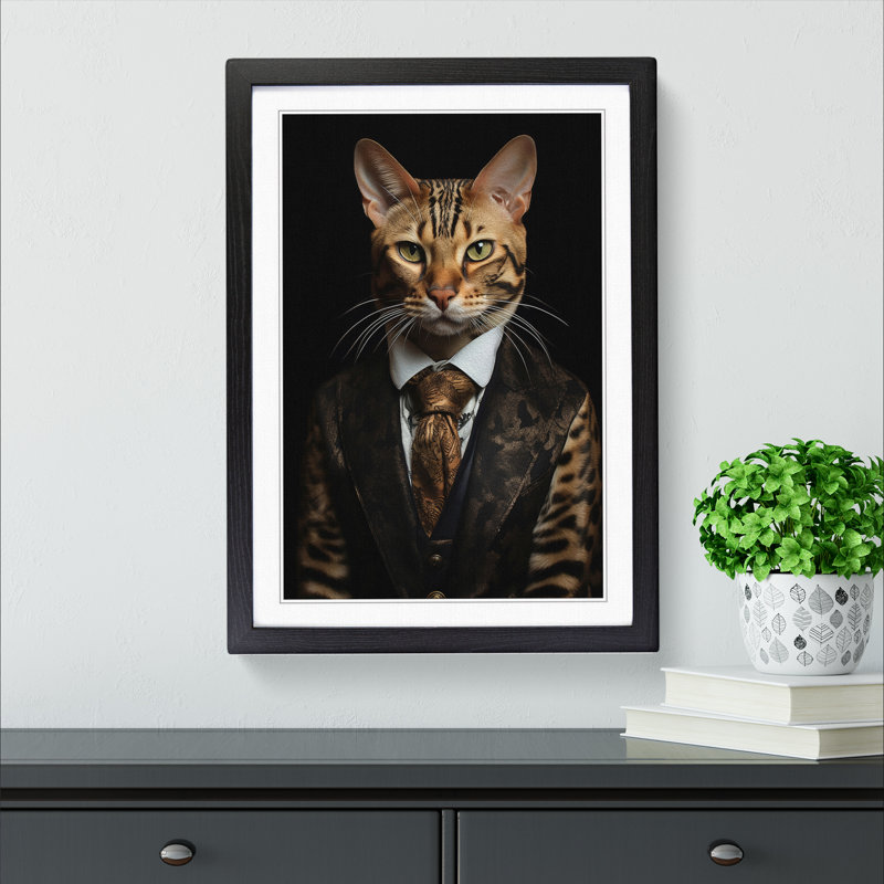 Bengal Cat In A Suit - Single Picture Frame Print on Wood, 34cm H x 25cm W x 2cm D, Black