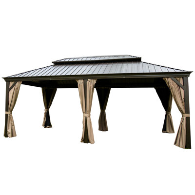 12'X20' Gazebo With Water Drainage And Privacy Protection - Brown Outdoor Double Roof. Fade Rust , Enhance Air Circulation For Patio  Brown