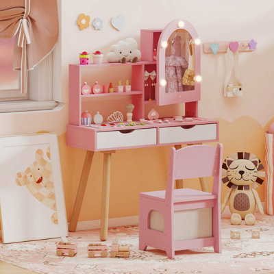 Ensemble de coiffeuse pour enfants avec 3 modes d'éclairage, luminosité réglable, armoire de toilette rose