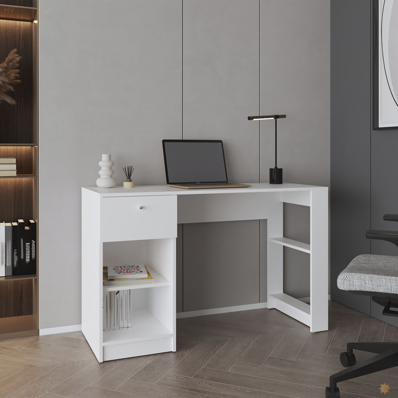 Bureau d'ordinateur, 1 tiroir, 2 tablettes, Blanc