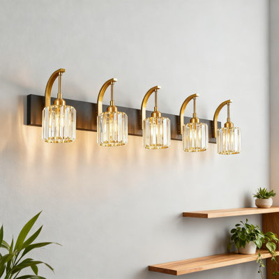 Modern Black Gold 5-Light Bathroom Vanity Light With K9 Crystal Shades, 42.51 Inch Wall Sconce For Mirror Lighting In Bathroom, Makeup Area, And Hallway, Elegant Design And Easy Installation