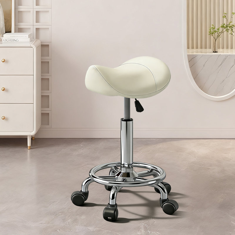 Tabouret à roulettes beige réglable avec pédale à anneaux pour espaces de travail médicaux et de dessinateur, Beige