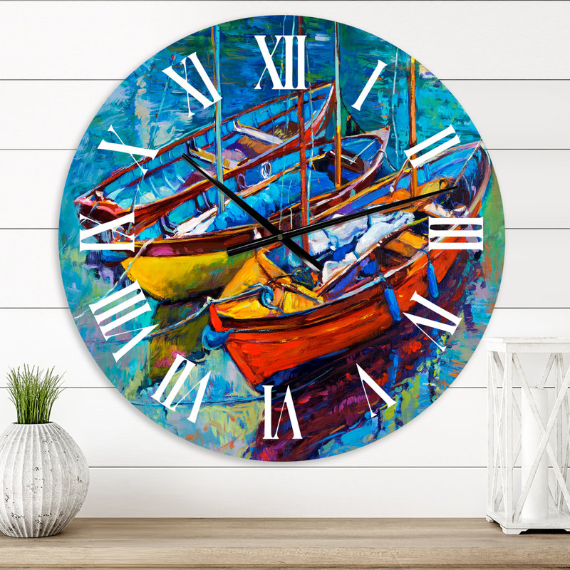 Trois bateaux dans le port - horloge murale nautique et côtière, Moyen