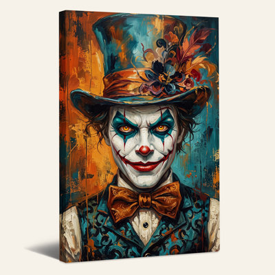 «Teal and Orange Clown Portrait in Top Hat», art mural sur toile