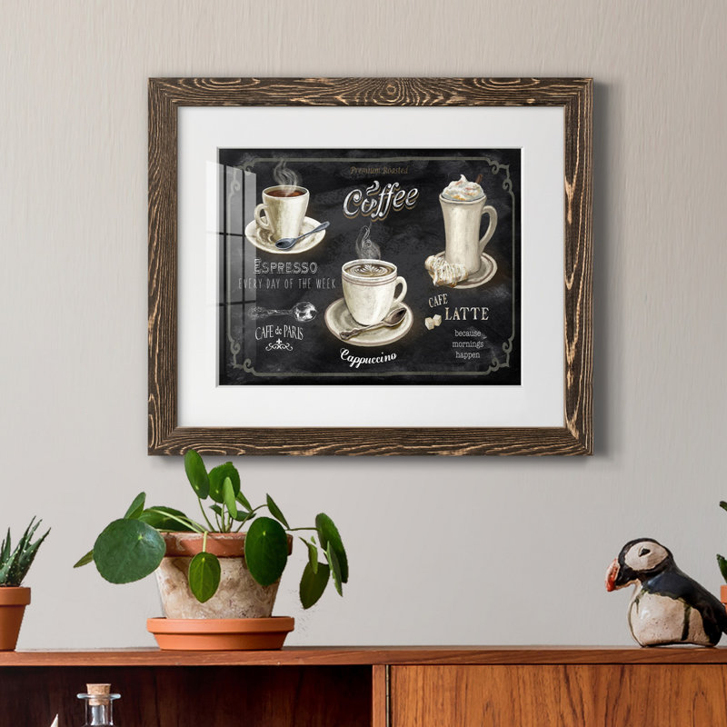 Coffee Trio - Reproduction d'art graphique sur papier encadré, Encadré de bois de noyer, H 20 po x l 17 po x P 1,5 po