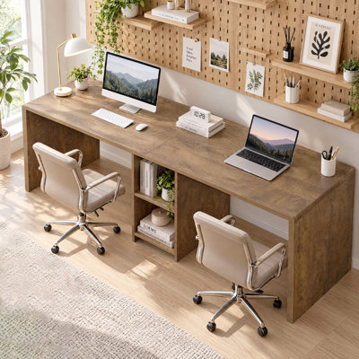 Double bureau de 78,74 po de long pour deux personnes avec tablettes de rangement centrales ouvertes