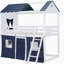 Lit cabine en bois avec fenêtres élégantes, rebords de fenêtre et tente, bleu et blanc-121070096