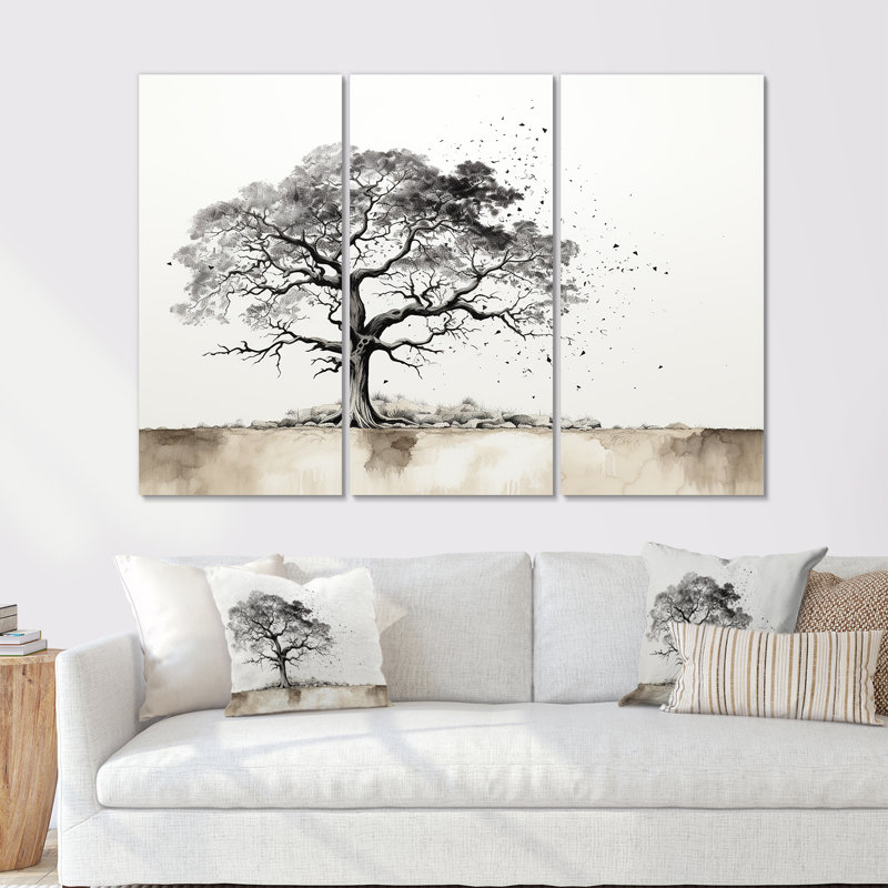 Gris gris minimalisme Baobab II - ensemble d'art mural arbre baobab, H 32 po x l 48 po x P 1 po