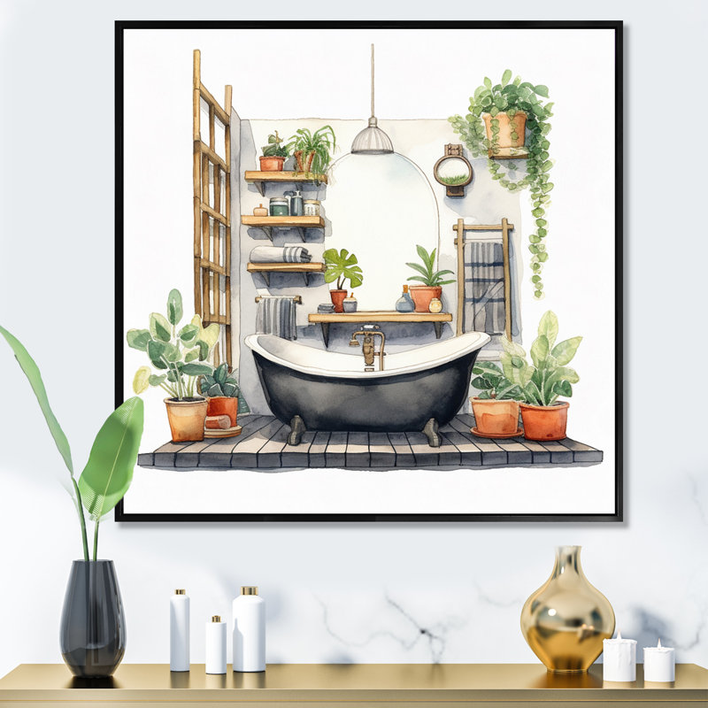 " Natural Bathroom Decor XXIX ", Black Floater Framed, 24" H x 32" W x 1" D