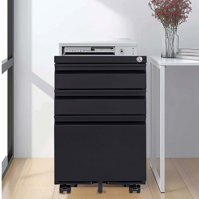 Mobile File Cabinet With 3 Drawers, Metal Filing Cabinet For Home Office, Black