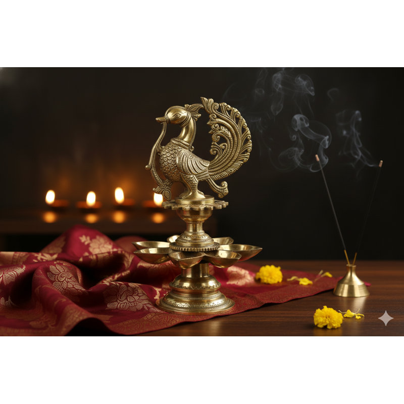 11" Seven-Wick Brass Peacock Diya – Handcrafted Traditional Oil Lamp for Home Mandir