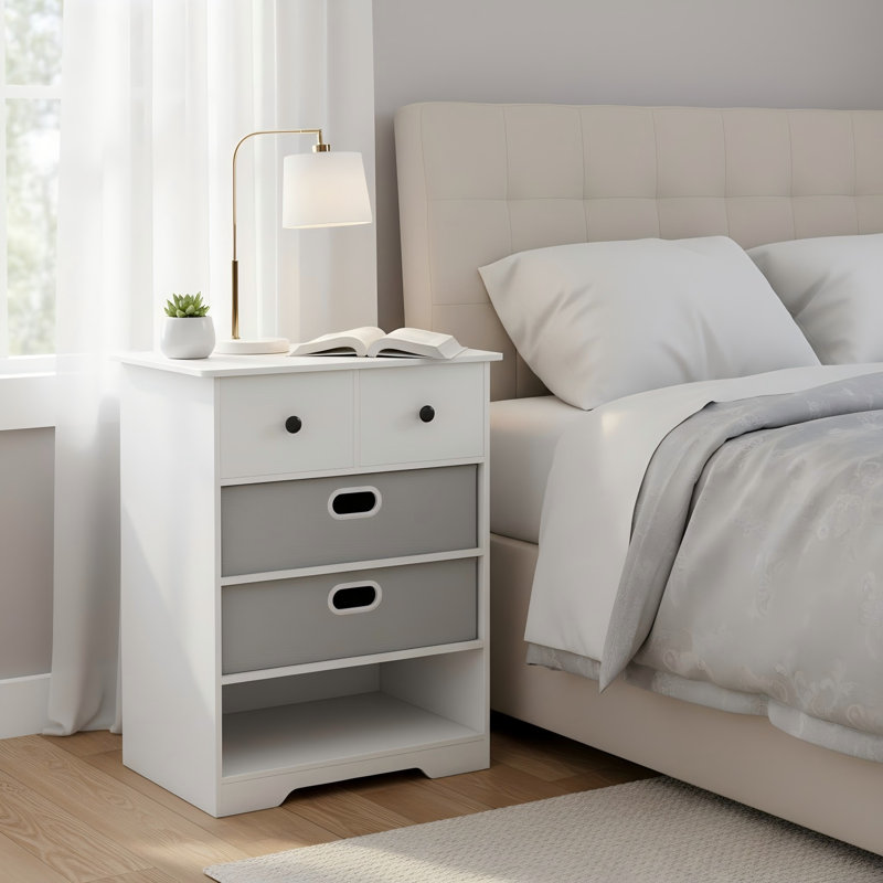 Commode 4 tiroirs, table de chevet multifonctionnelle autoportante avec tablettes ouvertes, rangement de coffre moderne avec ensembles anti-basculement