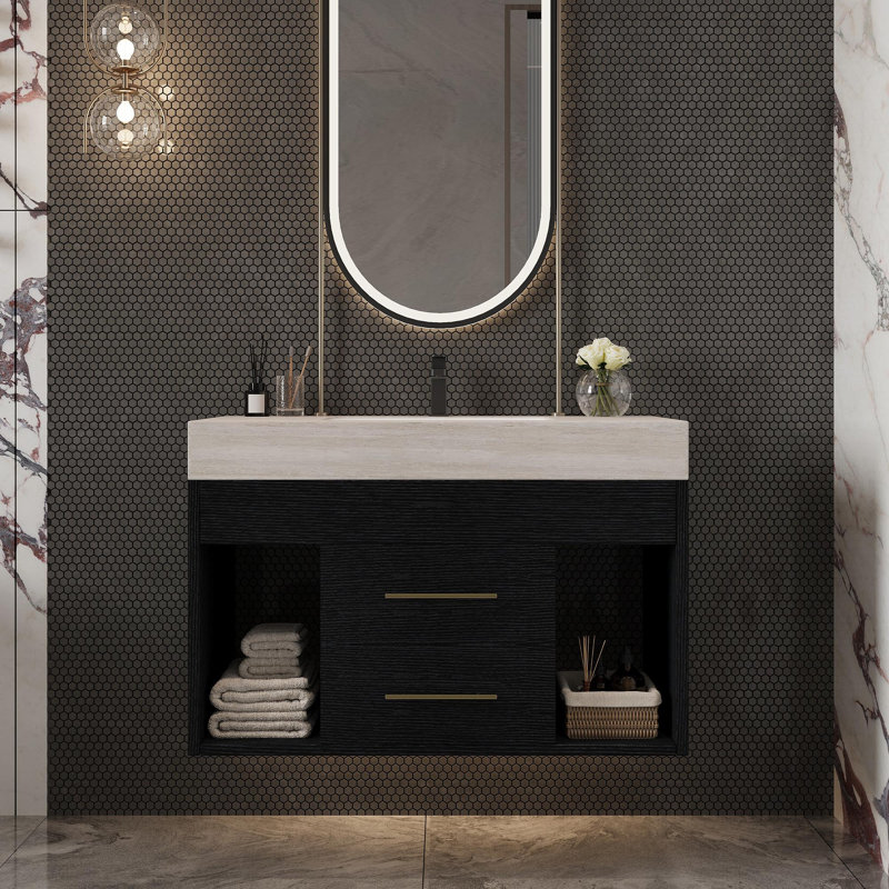 Meuble-lavabo flottant moderne avec plateau en pierre frittée, Stone Grey