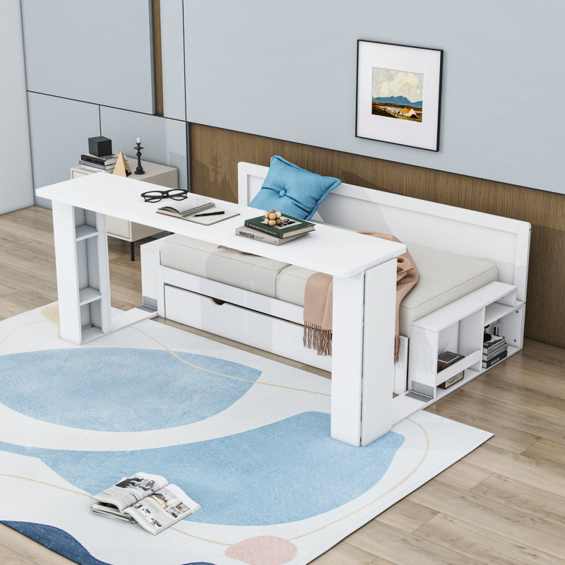 Lit de jour à 2 tiroirs avec bureau amovible et tablettes latérales, Grand lit, Blanc