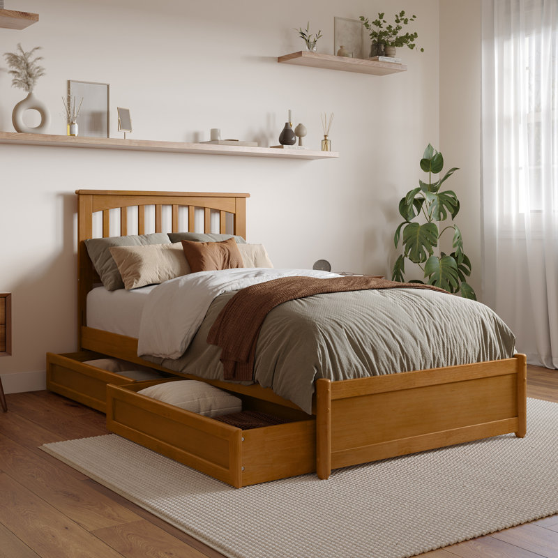 Lit plateforme en bois massif avec pied de lit et tiroirs sous le lit Asparas, Simple TG, Caramel clair