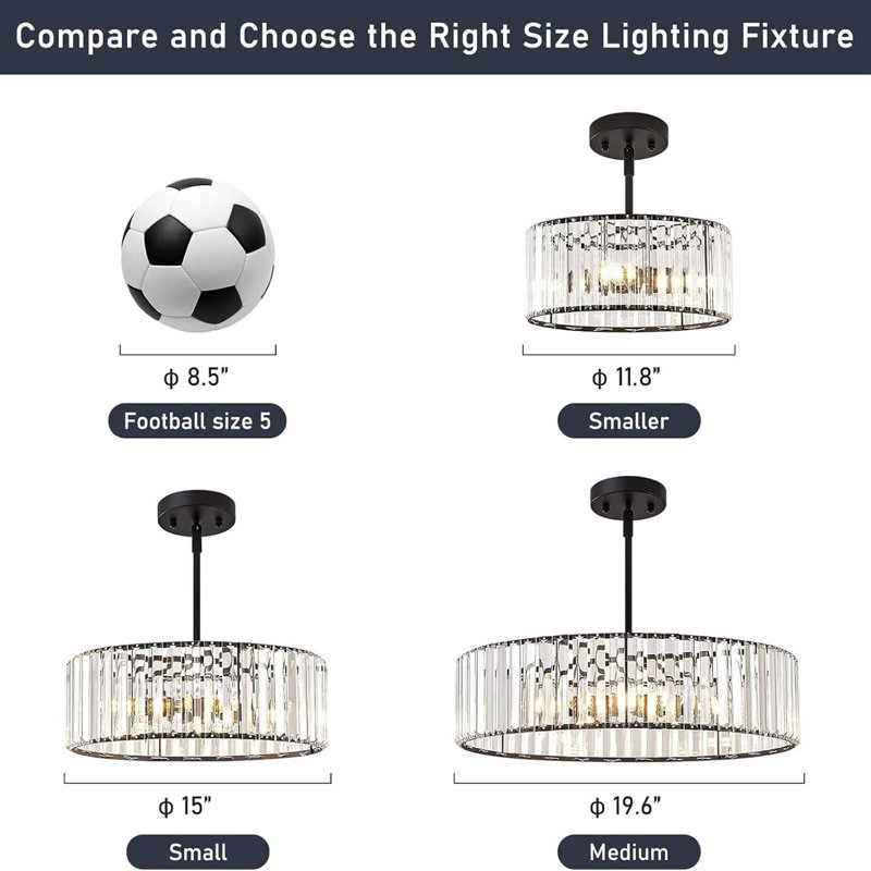 Crystal Chandelier, Small Modern Semi Flush Mount Ceiling Chandelier Light Fixtures, Round Hanging Lighting Fixture For Kitchen Bedroom Hallway Entryway Laundry Room, 3-Light, 11.8 Inch